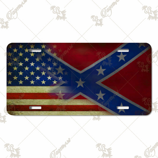 United States & Confederate Flag Overlay Aluminum License Plate – Durable Sublimation Print Patriotic Dual Flag Design for Cars and Trucks