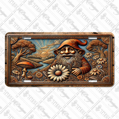 Whimsical Gnome Garden Scene Aluminum License Plate – Enchanting Sublimation Print for Nature & Fantasy Lovers