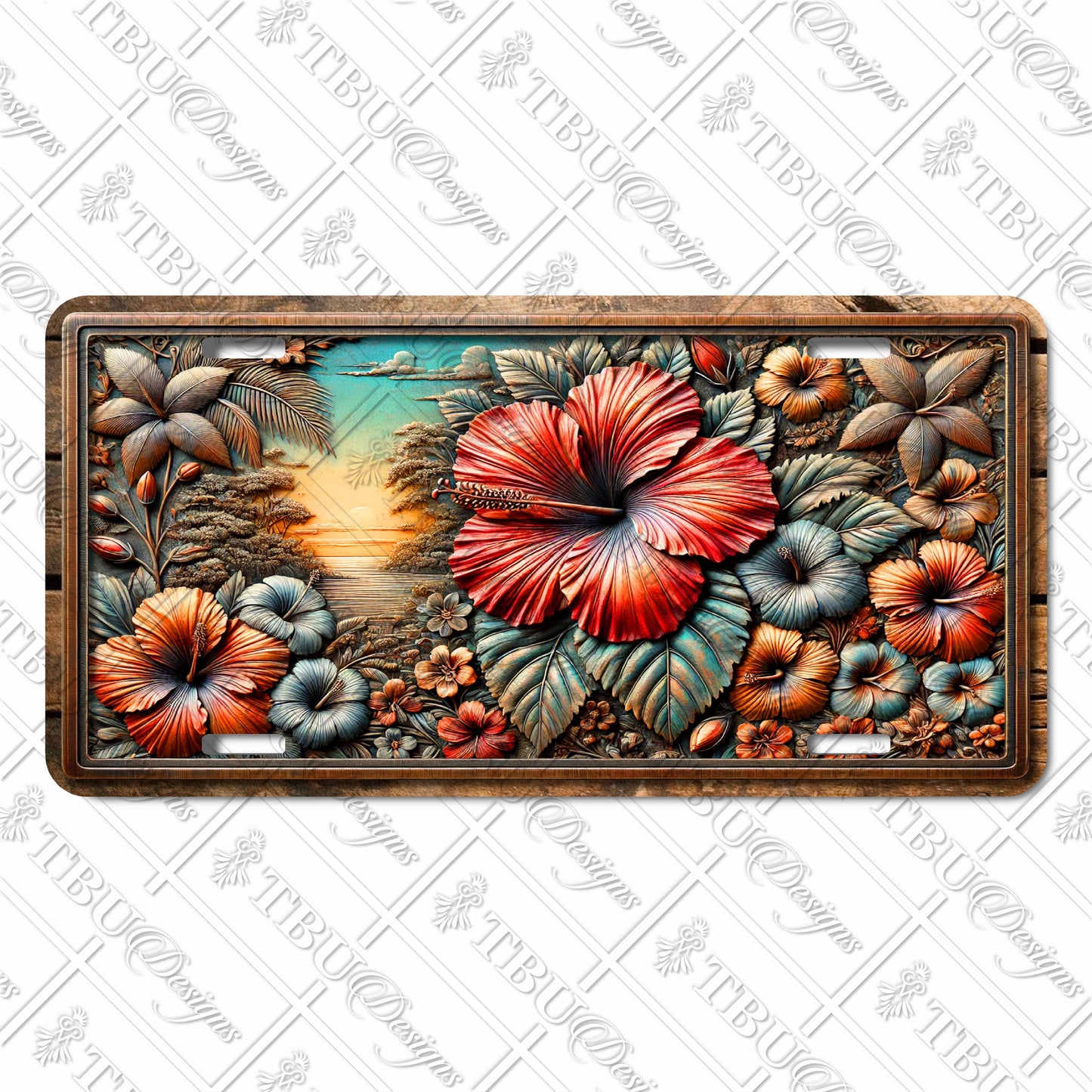 Tropical Paradise Aluminum License Plate with Vibrant Hibiscus Floral Design – Sublimation Print, Durable and Fade-Resistant