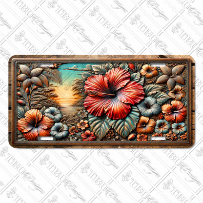 Tropical Paradise Aluminum License Plate with Vibrant Hibiscus Floral Design – Sublimation Print, Durable and Fade-Resistant