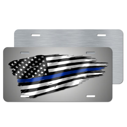 Distressed American Flag with Thin Blue Line Aluminum License Plate – Sublimation Print for Law Enforcement Support