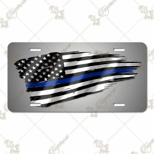 Distressed American Flag with Thin Blue Line Aluminum License Plate – Sublimation Print for Law Enforcement Support