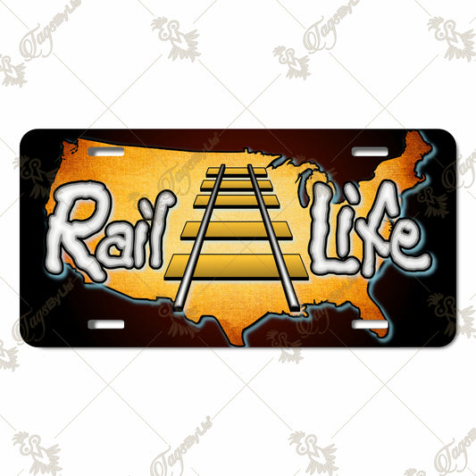 Rail Life Aluminum License Plate – Durable, Vibrant Sublimation Print Featuring USA Map & Railroad Design for Train Enthusiasts