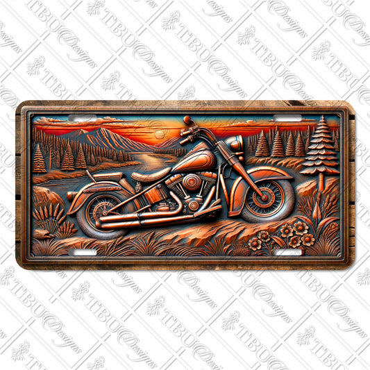 Motorcycle Adventure Scene Aluminum License Plate – Rustic Sublimation Print with Sunset, Mountains, and Nature Elements