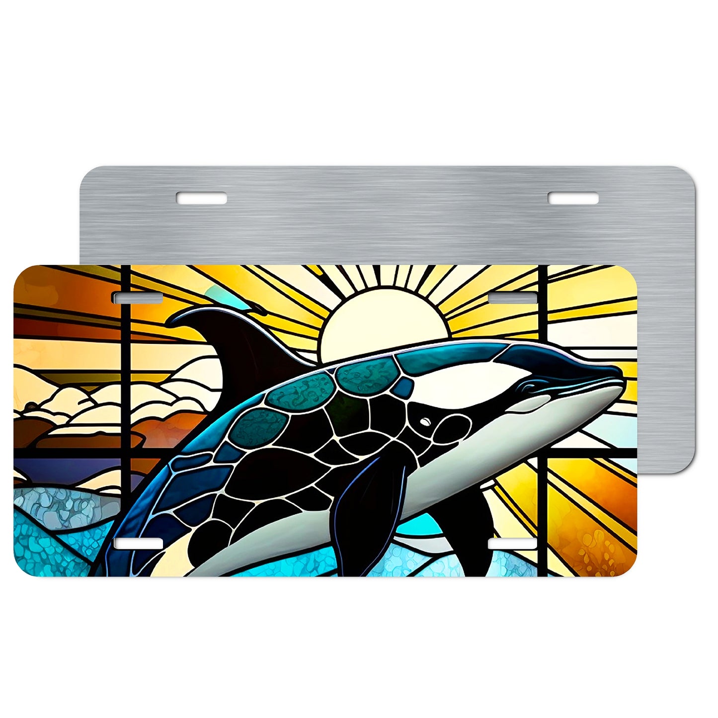 Vibrant Orca-Stained Glass Art Aluminum License Plate – Ocean Wildlife Sublimation Print with Sunset and Marine-Themed Design