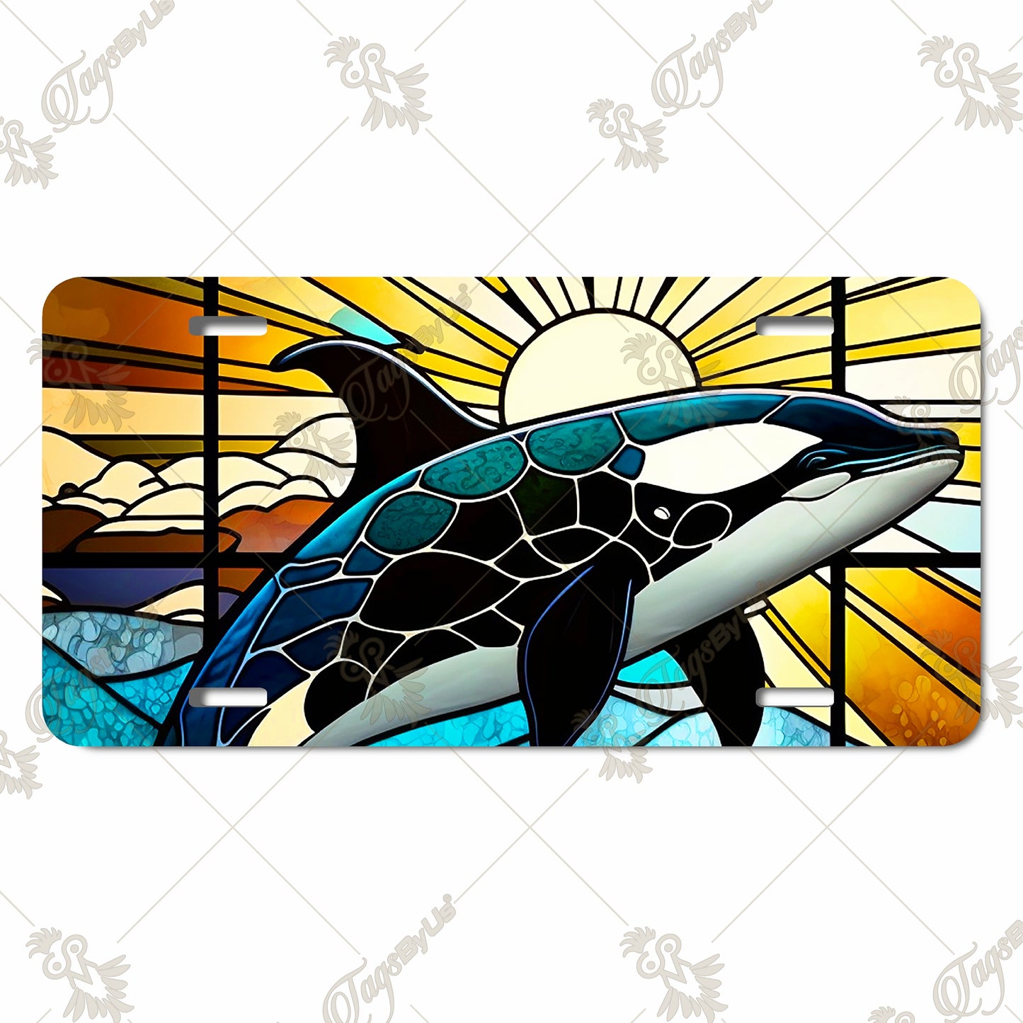 Vibrant Orca-Stained Glass Art Aluminum License Plate – Ocean Wildlife Sublimation Print with Sunset and Marine-Themed Design