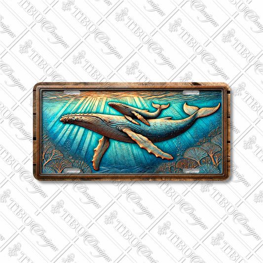 Ocean Serenity Whale Design Aluminum License Plate - Vibrant Sublimation Print Featuring Mama and Baby Whale in Sunlit Waters