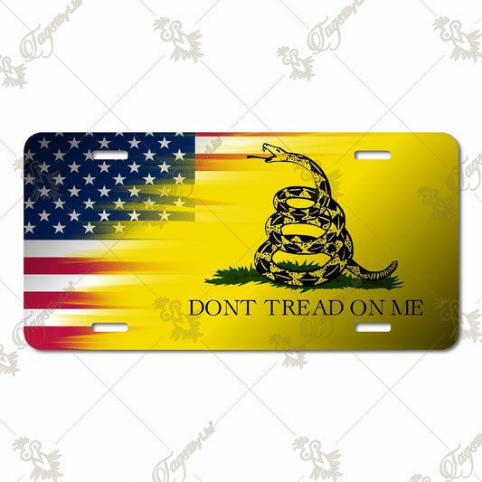 Don’t Tread on Me Aluminum License Plate – Sublimation Print Featuring Gadsden Flag & American Flag Blend, Bold Patriotic Design