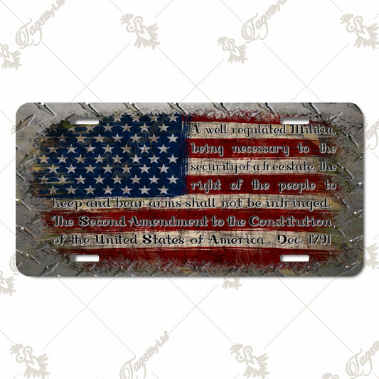 Second Amendment American Flag Aluminum License Plate - Patriotic Sublimation Print with Textured Design