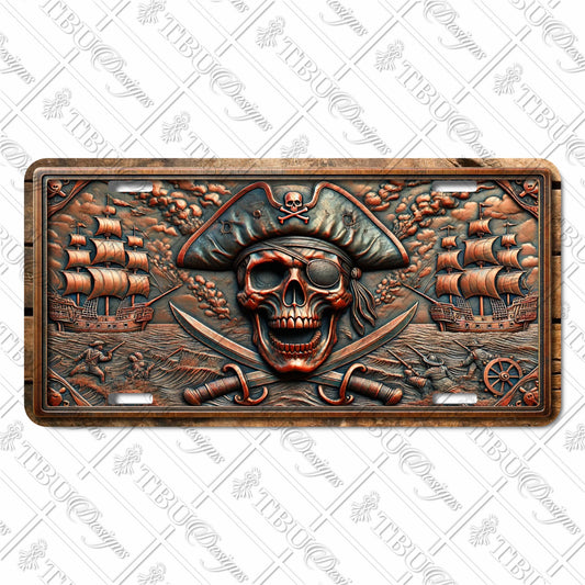 Pirate Skull and Crossed Swords Aluminum License Plate – Nautical Ship Scene Sublimation Print for Car, Truck, or Wall Decor