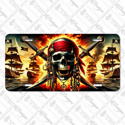 Fiery Pirate Skull Aluminum License Plate – Sublimation Print with Crossed Swords & Pirate Ships for Nautical and Adventure Enthusiasts