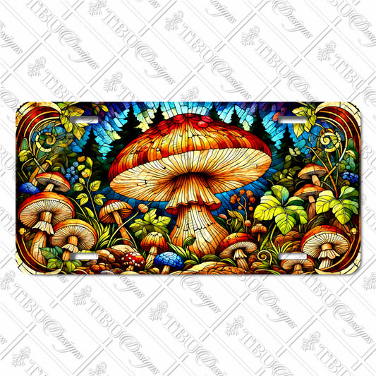 Enchanting Forest Mushroom Aluminum License Plate – Vibrant Sublimation Print with Stained-Glass Effect Art