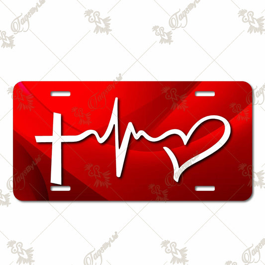 Vibrant Red Christian Heartbeat Aluminum License Plate – Inspirational Cross, Heart, and Pulse Design for Cars, Trucks, and Motorcycles