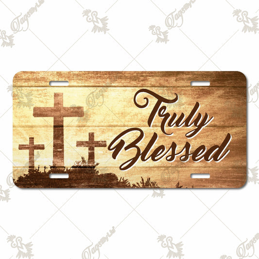 Truly Blessed Christian Aluminum License Plate – Inspirational Three Crosses Design for Cars, Trucks, or Decorative Display