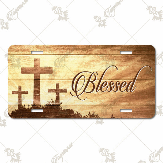 Blessed Crosses Aluminum License Plate – Inspirational Sublimation Print with Rustic Three-Cross Design for Cars, Trucks, and Gifts