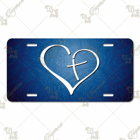 Decorative Heart and Cross Aluminum License Plate with Intricate Blue Paisley Background – Inspirational Sublimation Print