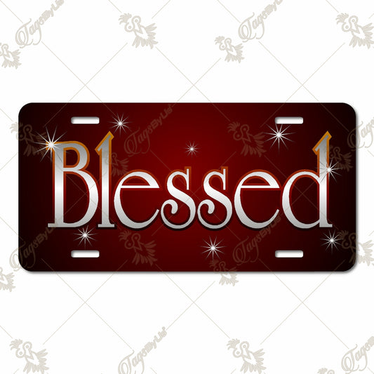 Elegant "Blessed" Aluminum License Plate with Shimmering Red and Metallic Silver Sublimation Print - Decorative and Inspirational Design