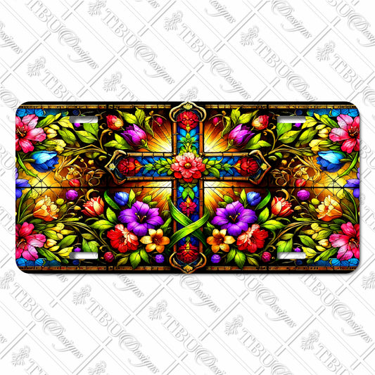 Vibrant Stained Glass Floral Cross Aluminum License Plate – Inspirational Sublimation Art for Cars, Trucks, and Decorative Displays