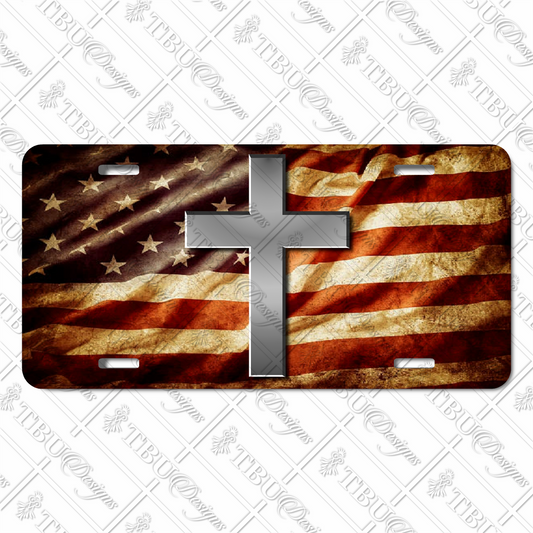 Patriotic Cross Aluminum License Plate - USA Flag Design with Silver Cross, Sublimation Printed for Durable, Fade-Resistant Display