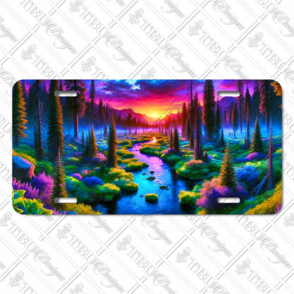 Vibrant Sunset Forest Stream Aluminum License Plate – Custom Sublimation Art for Cars, Trucks, or Decorative Displays