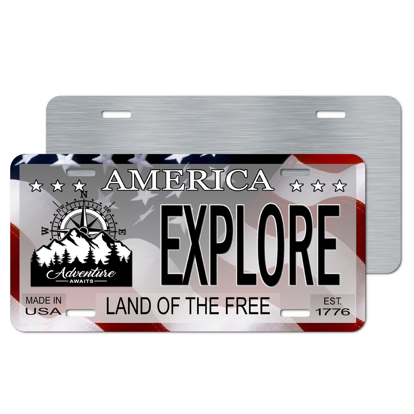 Explore America Aluminum License Plate - Adventure Awaits Design with Patriotic Flag and Sublimation Print