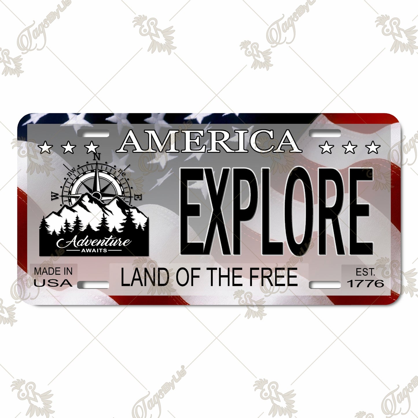 Explore America Aluminum License Plate - Adventure Awaits Design with Patriotic Flag and Sublimation Print