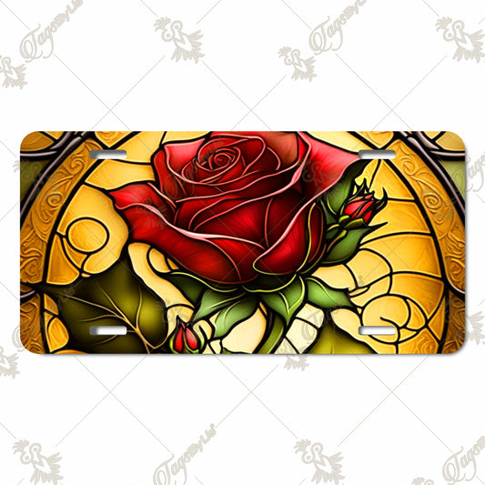 Elegant Red Rose on Stained Glass Design - Aluminum License Plate with Sublimation Print for Cars, Trucks, or Decorative Use