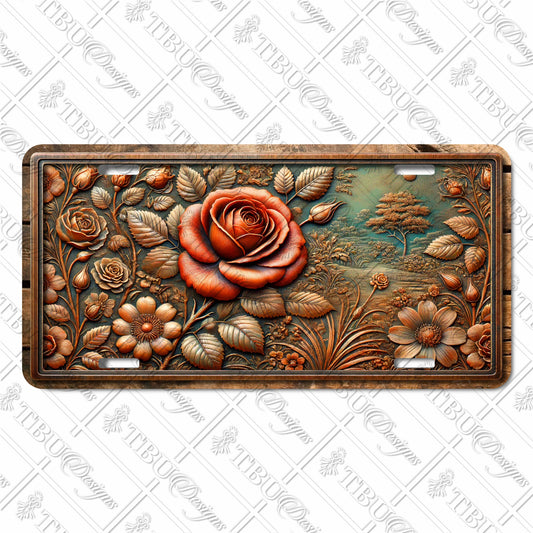 Vintage Floral Art Aluminum License Plate – Rustic Rose Garden Scene with Sublimated Print for Cars, Décor, and Custom Gifts