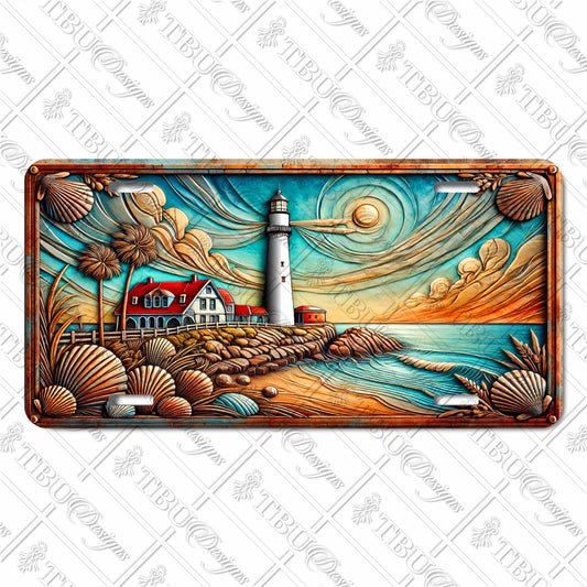 Coastal Lighthouse Sunset Aluminum License Plate with Seashell Accents - Sublimation Print for Cars, Trucks, and RVs