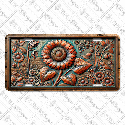 Vintage-Inspired Sunflower and Floral Aluminum License Plate - Rustic Embossed Style with Vibrant Sublimation Print for Car or Decor