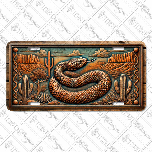 Southwestern Rattlesnake Aluminum License Plate – Rustic Desert Landscape with Cactus and Snake Design, Vibrant Sublimation Print