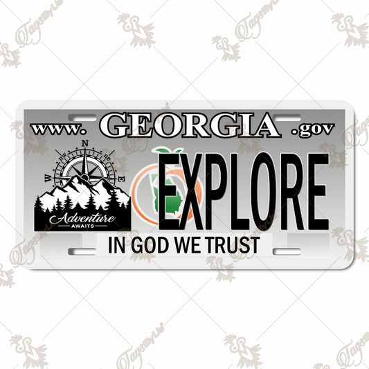 Explore Georgia Adventure Aluminum License Plate – Premium Sublimation Print with Compass, Peach Emblem, and "In God We Trust"