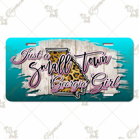 Just a Small-Town Georgia Girl - Teal & Leopard Print Aluminum License Plate | Custom Decorative Sublimation Front Tag