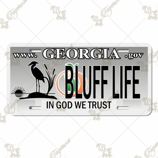 Georgia "Bluff Life" Aluminum License Plate – Sublimated Print with Heron, Peach, and "In God We Trust" Design