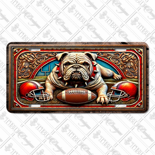 Vintage Bulldog Football Aluminum License Plate – Sublimation Print Sports-Themed Custom Plate with Helmets, Football, and Ornate Details