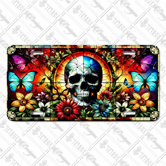 Vibrant Skull and Butterfly-Stained Glass Art Aluminum License Plate – Unique Floral Sublimation Print for Cars, Trucks, and SUVs