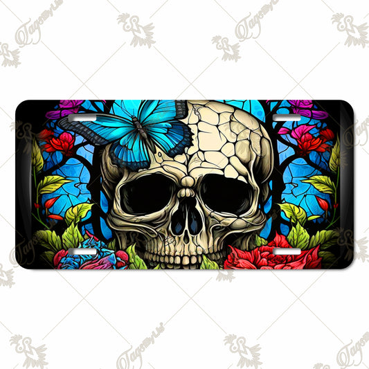 Vivid Skull and Butterfly Aluminum License Plate – Bold Day of the Dead Inspired Sublimation Art with Floral Accents