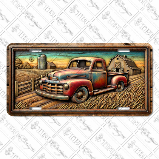 Vintage Red Farm Truck Aluminum License Plate – Rustic Barnyard Landscape Scene with Wheat Field, Barn, and Sunset