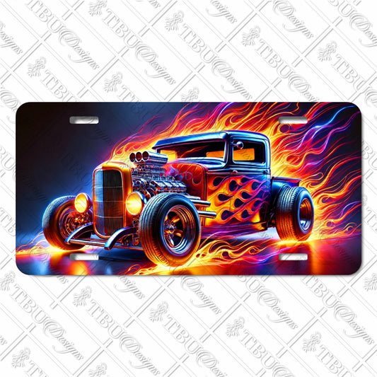 Flaming Hot Rod Aluminum License Plate – Custom Sublimation Print for Car Enthusiasts, Vibrant Street Art with Bold Fire Design