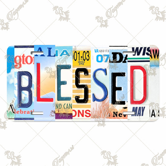 Colorful 'BLESSED' Aluminum License Plate with Vintage License Plate Art - Inspirational Sublimation Print, Durable & Weatherproof