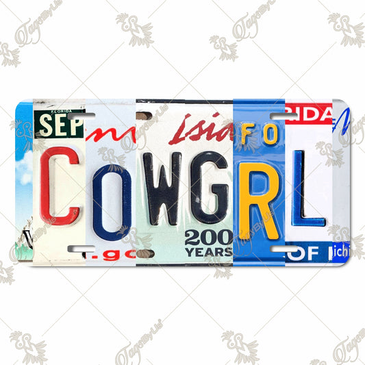 Cowgirl Collage Aluminum License Plate – Unique Vintage-Style Sublimation Print License Plate with "COWGRL" Design