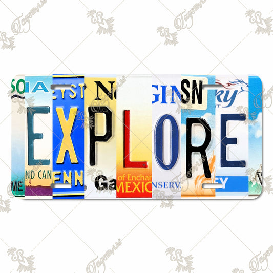 Explore License Plate Art - Vibrant Aluminum License Plate with Bold Lettering Design, Perfect for Travel Enthusiasts and Adventure Seekers