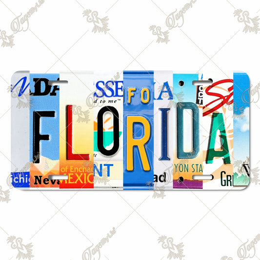 "Florida" License Plate Collage - Unique Vintage State Tag Design Aluminum License Plate with Sublimation Print - Perfect Wall Decor