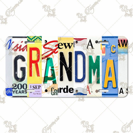 Aluminum License Plate Featuring "GRANDMA" Design, Personalized with images of Vintage License Plate Collage for Unique Gift Décor