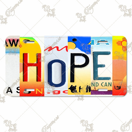 Colorful HOPE Collage Aluminum License Plate - Unique Sublimation Print with Inspirational Design for Cars, Home Décor, or Gifting