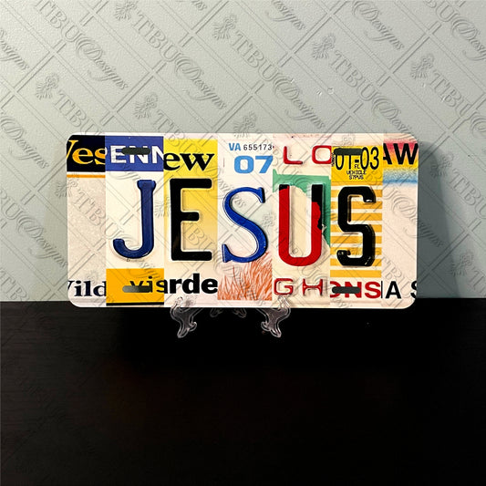 Inspirational JESUS License Plate - Unique Vintage Style Letters, Sublimation Printed on Durable Aluminum for Cars, Walls, or Decor