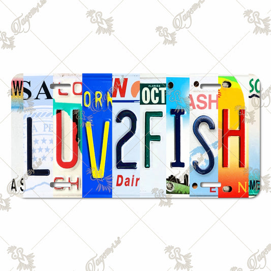 LUV2FISH Aluminum License Plate with Vintage License Plate Letters – Perfect for Car Enthusiasts, Fishermen, and Gift Giving