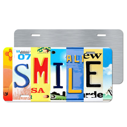 Colorful "SMILE" Collage Aluminum License Plate – Unique Sublimation Print Featuring Vibrant Vintage License Plate Letters for Car Decor