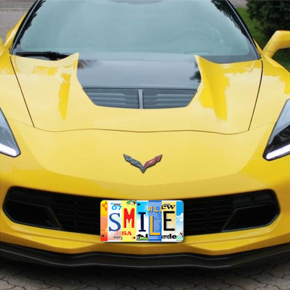 Colorful "SMILE" Collage Aluminum License Plate – Unique Sublimation Print Featuring Vibrant Vintage License Plate Letters for Car Decor