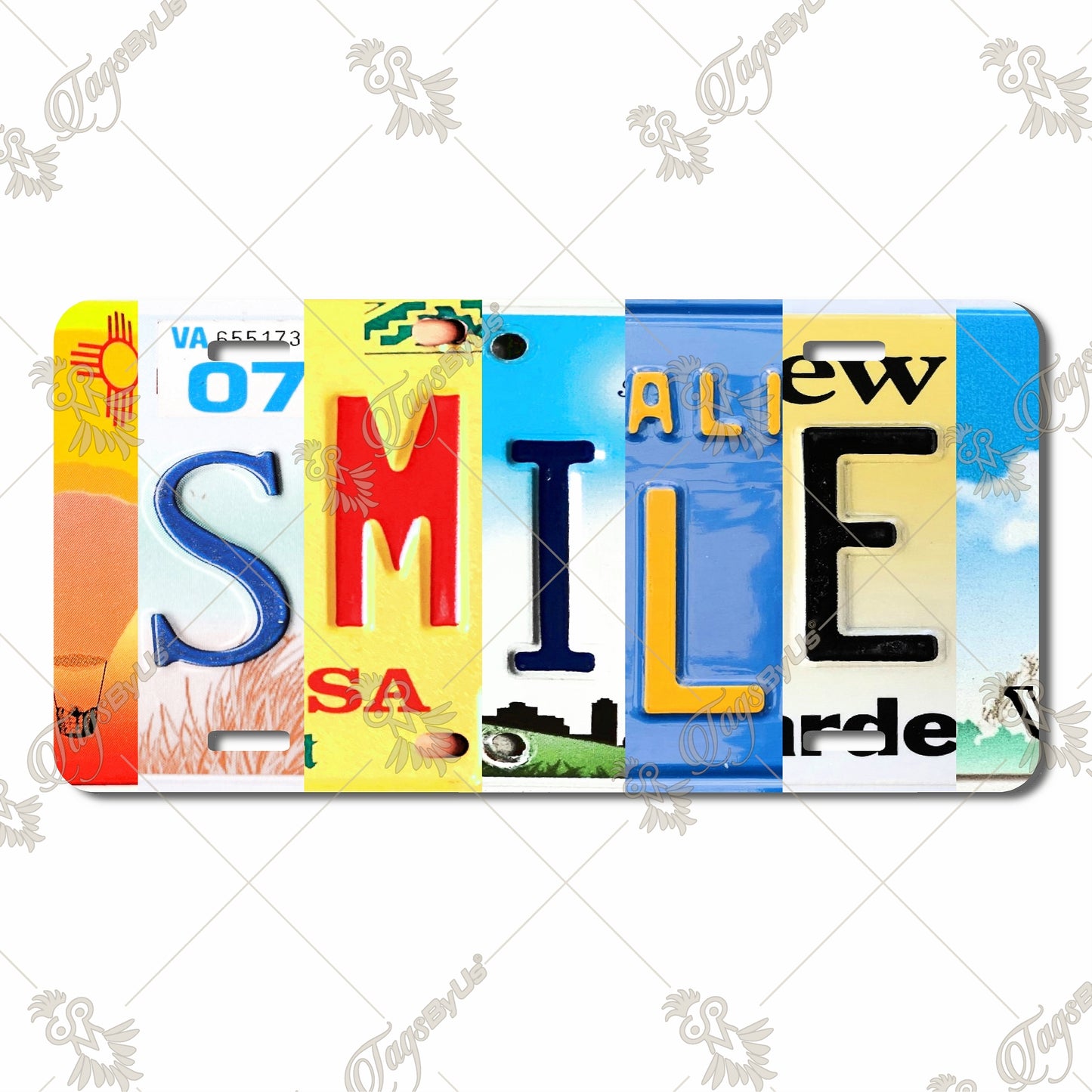 Colorful "SMILE" Collage Aluminum License Plate – Unique Sublimation Print Featuring Vibrant Vintage License Plate Letters for Car Decor